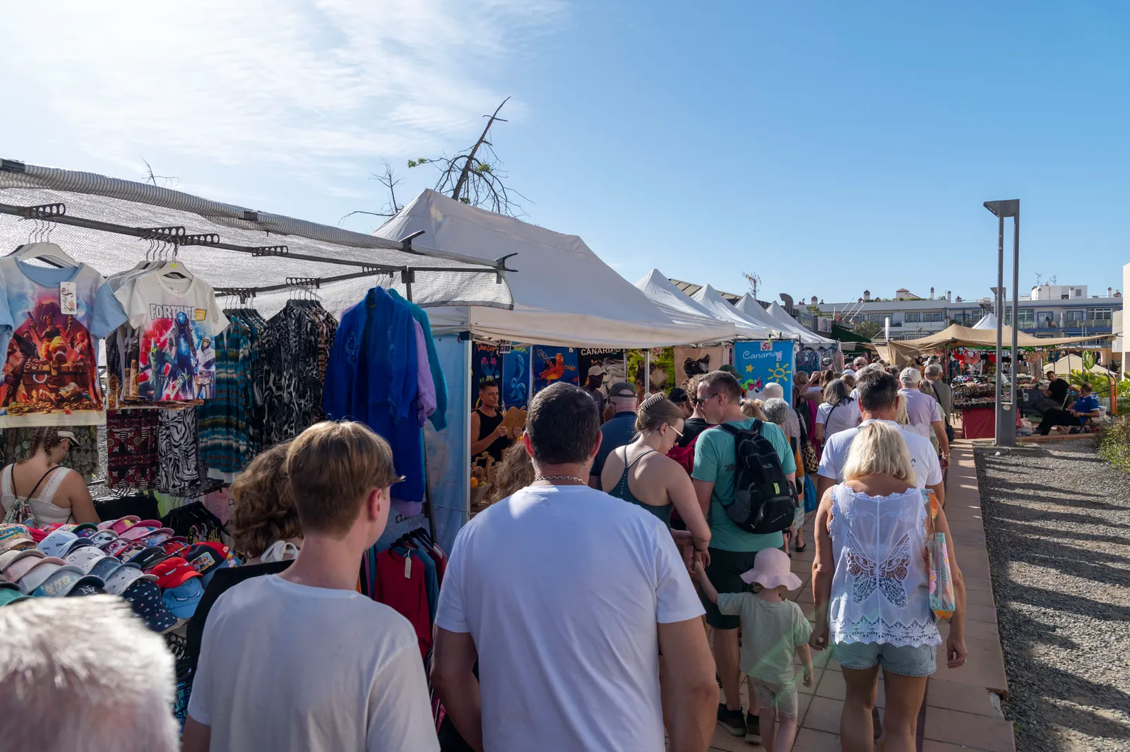 Puestos y visitantes en el mercadillo de Puerto de Mogán