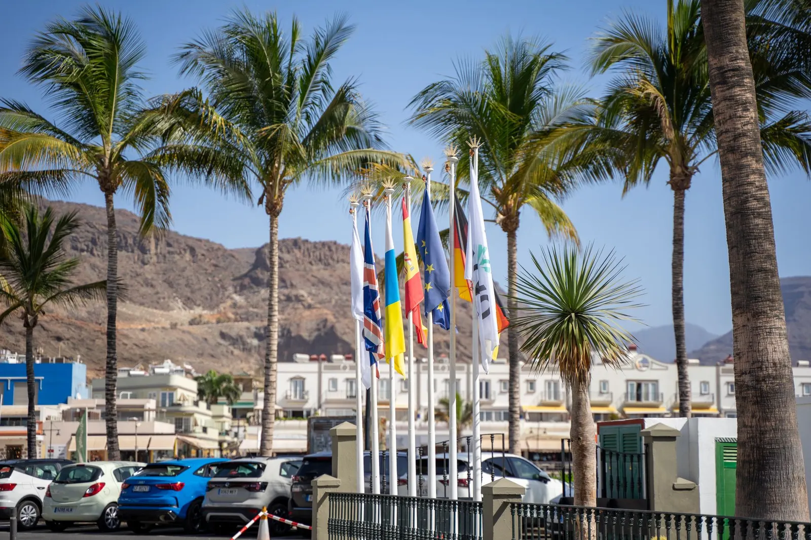 Flags and palm trees on the promenade in Mogán